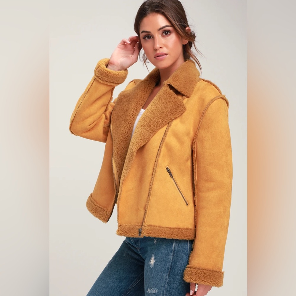 Somedays Lovin Lovers Dance Mustard Yellow Faux Suede Aviator Jacket Size Small